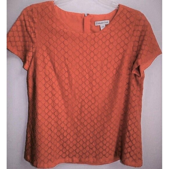 Coldwater Creek L 14 orange lace top short sleeve lined cotton-poly blend - Picture 1 of 3